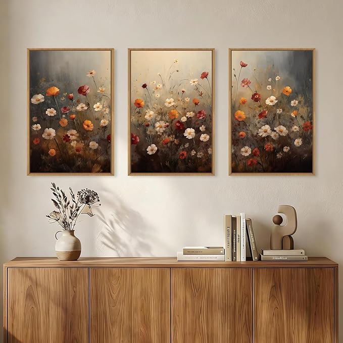 KAIRNE Moody Colorful Wildflower Framed Canvas Wall Art Set,Vintage Daisy Floral Wall Decor,Watercolor Flowers Art Prints,Rustic Botanical Artwork for Living Room,Bedroom,Farmhouse,Office-16 x24 x3