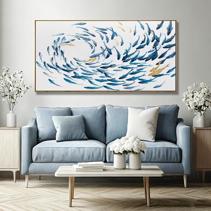 Kureful Fish Home Wall Decor White And Blue Wall Art Ocean Fishes Canvas Pictures 24"x48" Artwork for Bedroom Kitchen Poster