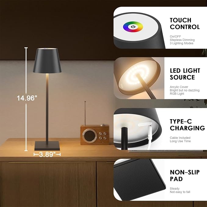 2 Pack LED Cordless Table Lamp with RGB & Stepless Dimming Rechargeable Battery Desk lamp 5000mAh Battery Operated with Modern Portable Table Light for Indoor/Outdoor IP54 Waterproof (Black)