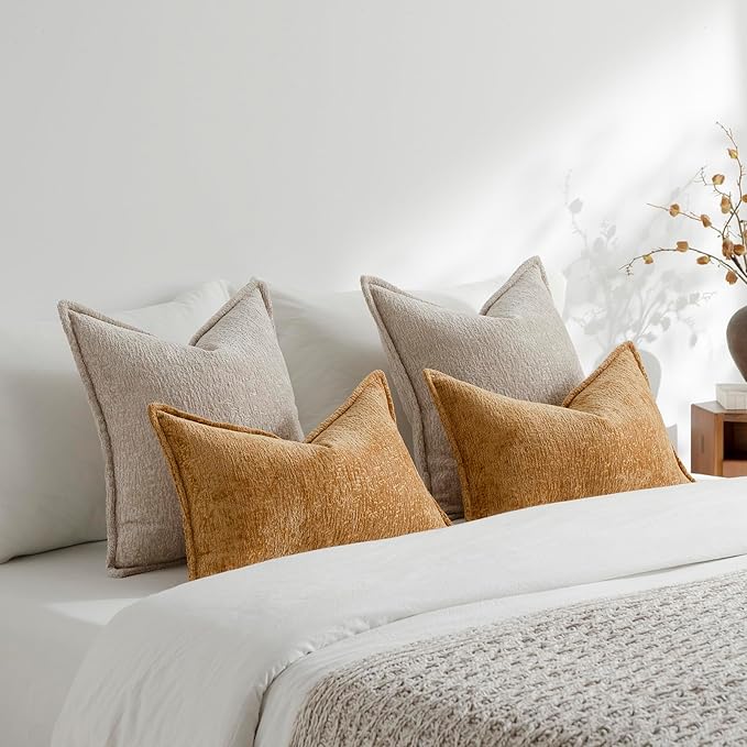 DEZENE Pack of 2 Tan Decorative Throw Pillow Covers 20x20 Cozy Soft Chenille Accent Vintage Square Couch Pillow Covers for Home Decor Bed Sofa Living Room