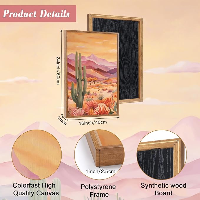 HOURIA 3Pcs Abstract Sunset Mountain Desert Cactus Canvas Wall Art (16"x24"), Vintage Southwest Landscape Arizona Wall Decor, Mid Century Modern Boho Wilderness Art Print for Office Farmhouse Living Room