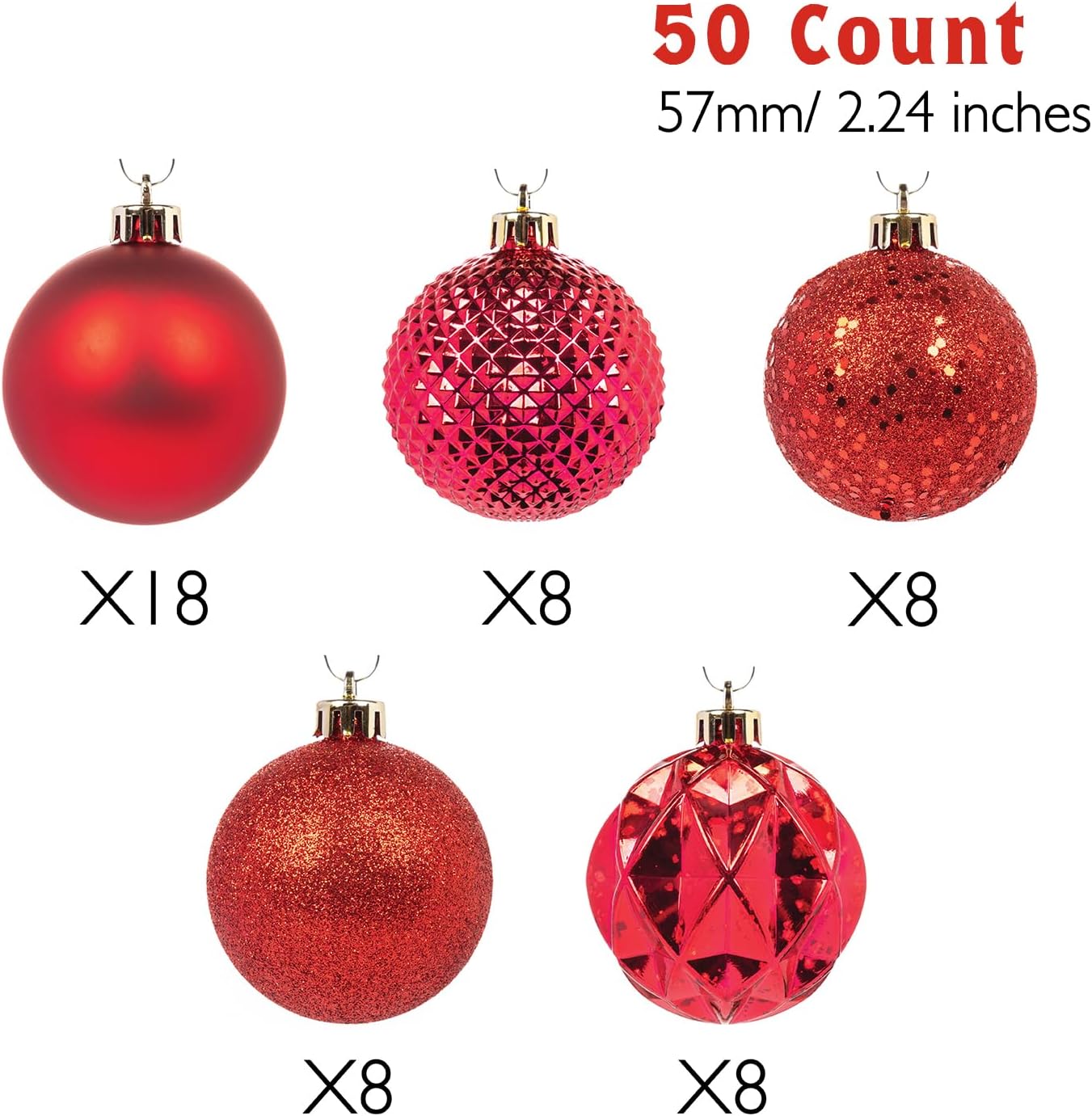 Every Day is Christmas Ornaments, Shatterproof Christmas Tree Ornament Set, Christmas Balls Decoration 50 Count (2.24"/57mm, New Red)