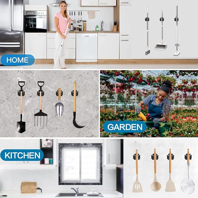 JAMEND CLXP 6PCS Broom and Mop Holder, Heavy Duty Garden Tool Organizer Rack Rake and Shovel Handle, Stainless Steel Mop Hanger. Wall Mounted Utility Rack with Screws, Silver.
