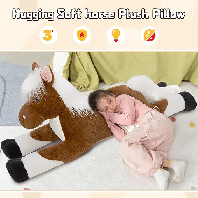 Tezituor 43.3 Inch Giant Horse Stuffed Animals with Long Hair, Realistic Stuffed Horse Plush Toys for Riding, Hugging Brown Horse Plush Pillow for Boys Girls Christmas Birthday Decoration