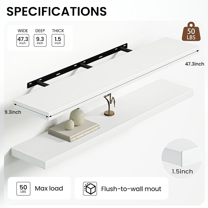 Heimlove Floating Shelves for Wall 48 Inches Long,9.3" Deep White Floating Shelf Set of 2,Wall Mounted Shelves for Bathroom Bedroom Living Room Kitchen Office,Shelf for Books Storage Room Decor