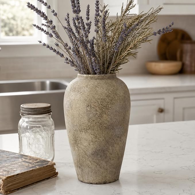 Ceramic Rustic Farmhouse Vase, 12 Inch Beige Flower Vases for Home Decor, Rustic Pottery Vase for Table Centerpieces & Living Room, Farmhouse Ceramic Vases for Entryway & Wedding Gifts