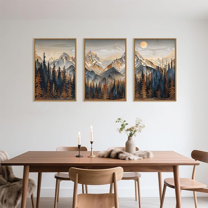 Mountain Wood Framed Canvas Wall Art Set,Rustic Pine Trees Wall Painting,Boho Ridge Scenery Wall Decor,Natural Sun Landscape Art Print for Living Room,Bedroom,Dining Room,Office-24 x36 x3