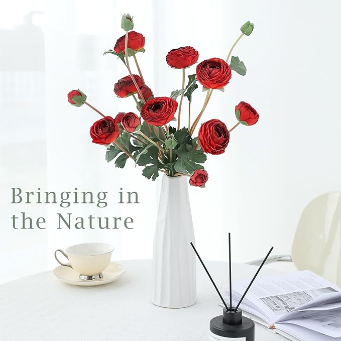 6Pcs Realistic Silk Red Ranunculus Artificial Flowers Long Stems, 23.6" Tall Fake Flowers Faux Flowers Suit for Year-Round Home Decoration, Wedding, Bridal Bouquets, Office