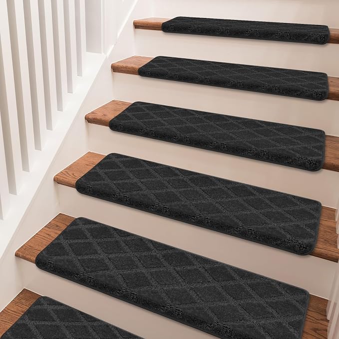 PURE ERA Bullnose Carpet Stair Treads Tape Free Non-Slip Indoor Stair Protectors Pet Friendly Stair Treads for Wooden Steps 9.5" x 30"(7 Pieces,Black Diamond Trellis)