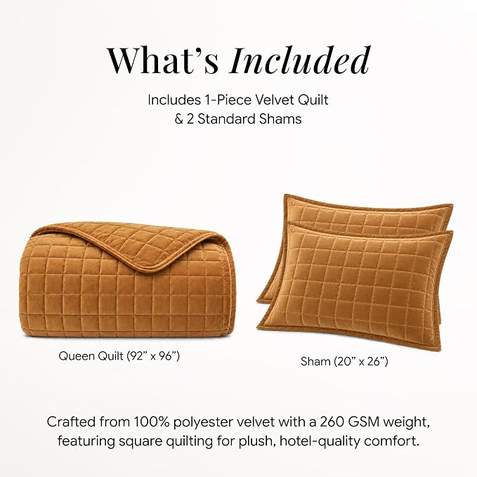 Tribeca Living Luxury Velvet Quilt Twin Size Set - 260GSM Ultra-Soft Oversized Velvet Bedspread Comforter Set with 1 Sham, in Florence Camel