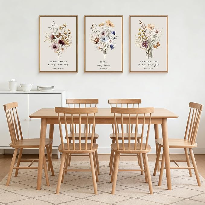 Boho Christian Floral Scripture Wall Art Set of 3, Bible Verse Flower Painting, Religious Wildflower Artwork for Living Room, Bedroom, Fireplace, Modern Botanical for Home Decor- 24"X36"