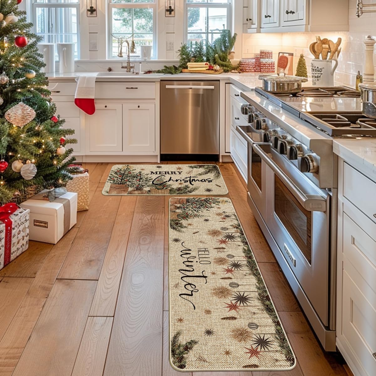 Artoid Mode Holly Ornament Merry Christmas Kitchen Mats Set of 2, Winter Home Decor Low-Profile Kitchen Rugs for Floor - 17x29 and 17x59 Inch