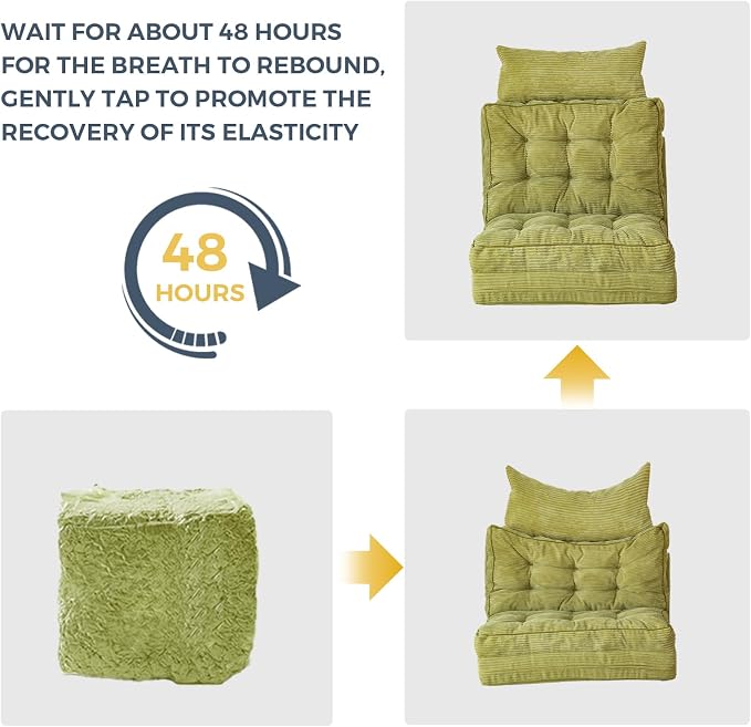 MAXYOYO Folding Sofa Bed, Tufted Bean Bag Bed with Pillows Floor Couch for Adults, Extra Thick and Long Floor Sofa, Single Couch for Bedroom Living Room, Green, 30x91 Inch