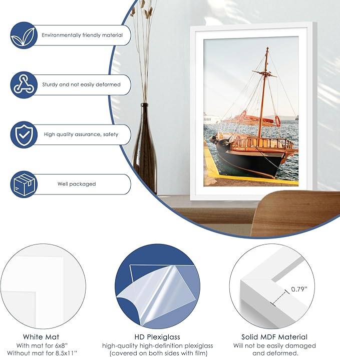 PEALSN 13x19 Picture Frame Set of 6, Display Pictures 11 x 17 with Mat or 13 x 19 without Mat for Wall Mounting Display, Poster Frames Collage for Wall Decor, White.