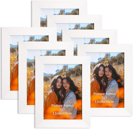 PETAFLOP 5x7 Picture Frame Set of 7, White Frames Display 5 by 7 Inch Photo for Wall or Tabletop