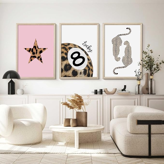 Leopard Wall Art Cheetah Canvas Prints Lucky 8 Ball Wall Decor Fashion Leopard Poster Aesthetic Pictures Trendy Cheetah Painting Preppy Pink Artwork for Living Room Bedroom 16x24x3 Inch Wood Framed