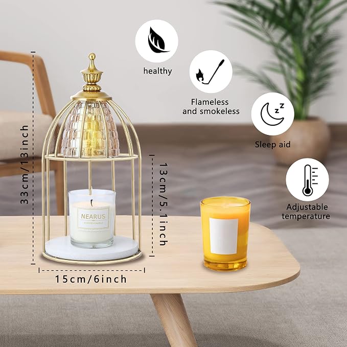 Candle Warmer Lamp, Auto Shut Off and Brightness Heat Level Control with Timer and Dimmable Switch, Top-Down Candle Melting with Marble Base and 2 Bulbs(Gold)