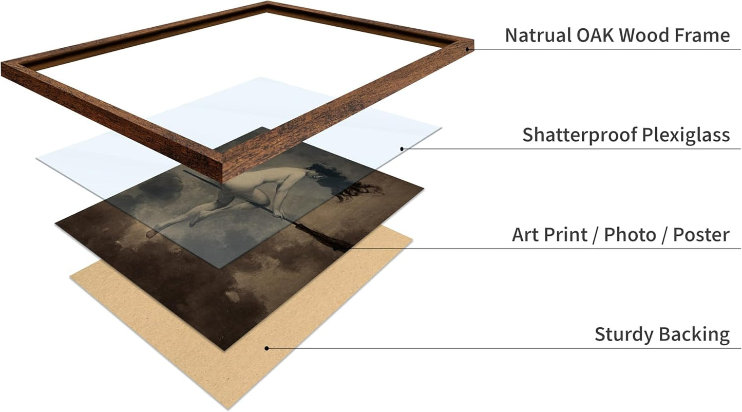 Poster Master Vintage Albert Joseph Penot Poster - Retro Halloween Print - Gift for Artist, Friend - Departure for the Sabbath, Naked Witch on Broom - Wall Decor for Bedroom, 11x14 Brown Framed