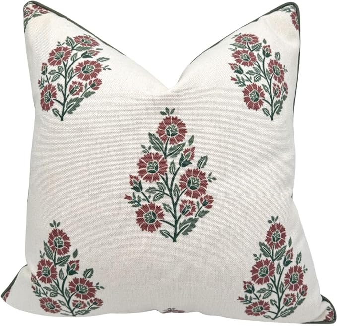 Jillien Harbor “The Sutton” Burgundy & Deep Green Floral Block Print Pillow Cover – Off-White Decorative Festive Throw Pillow Cover – Grandmillennial Home Decor, 20" x 20"