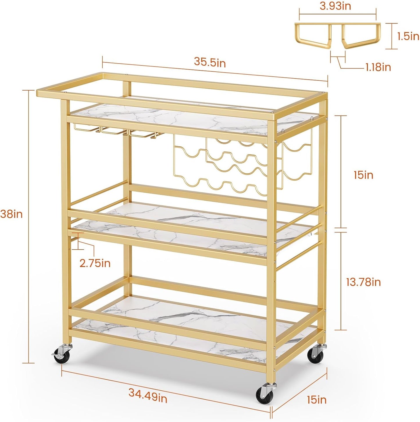 Leteuke Bar Cart for Home, 3 Tier Gold Serving Rolling Carts with Wheels, Drink Cart, Liquor Stand with Marbled Wooden Shelves, Wine Rack and Glass Holder for Kitchen, Dining Room
