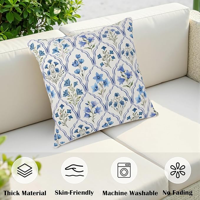 Vintage Flower Block Print Throw Pillow Covers Blue Green Floral Pillow Covers 16x16 Set of 2 Spring Summer Pillow Cases Boho Farmhouse Cushion Cases for Home Sofa Couch Decor
