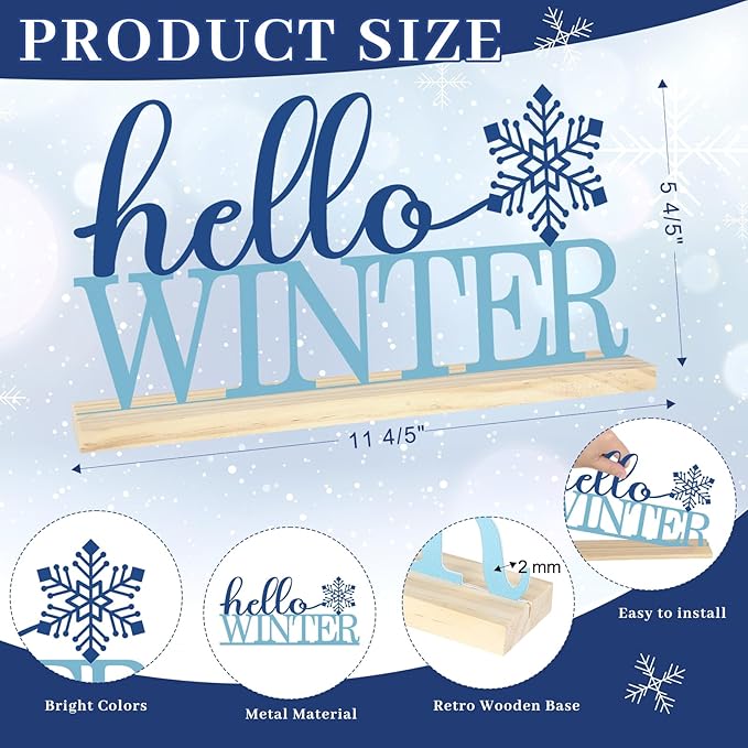 COCHIE Metal Hello Winter Sign, Snowflake Table Centerpieces Decorations for Home, Office, Shelf, Mantel, Indoor, Navy Blue Party Decor Supplies (Winter)