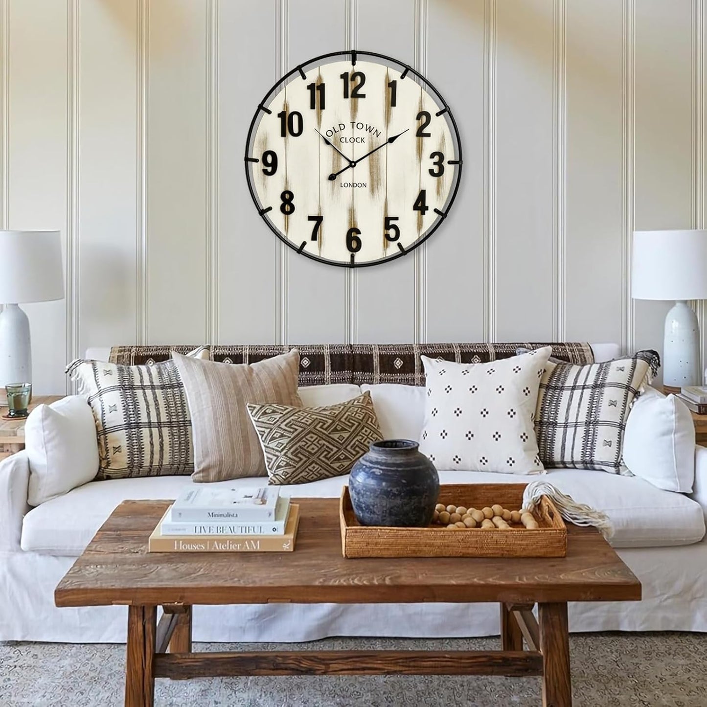 Farmhouse White 24 Inch Wooden Large Wall Clock, Silent Non-Ticking Quartz Movement, Battery Operated Modern Rustic Clock for Living Room, Kitchen, Office, Home Decor