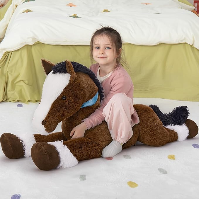 MaoGoLan Large Horse Stuffed Animal for Boy, Big Horse Plush Toy for Girl, Ridable Stuffy Pony for Kids, Coffee Stuffed Pony Plush Pillow for Birthday Gifts Baby Shower Party Favor Decor, 47 inches