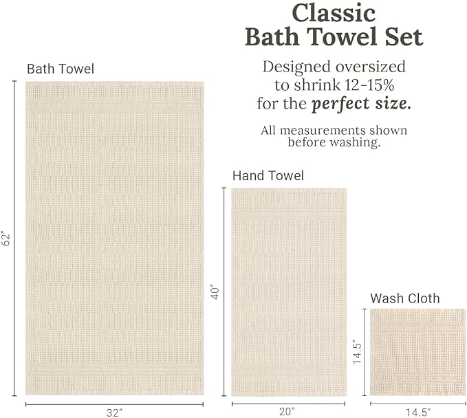 GILDEN TREE Waffle Towel Set Quick Dry Thin | 2 Bath Towels | 2 Hand Towels | 2 Washcloths, Classic Style (Cream)