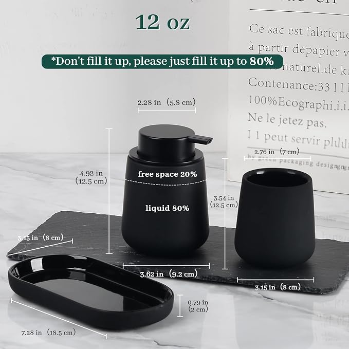 BosilunLife Ceramic Bathroom Accessories Set 3 Pcs, Liquid Soap Dispenser and Toothbrush Holder with Tray, Modern Farmhouse Vanity Decor, Black Housewarming Gift (Black-Liquid)
