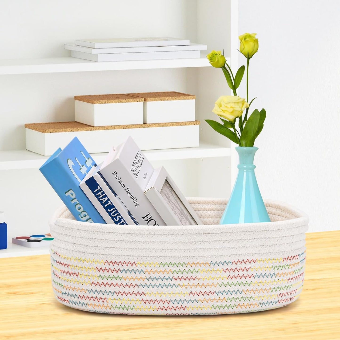 7 Piece Cotton Rope Woven Basket Set - Small Basket for Baby Nursery, Pets, Montessori, Dog & Cat Toy Boxes, Bathroom Organization Bins (White/Rainbow Stitching)