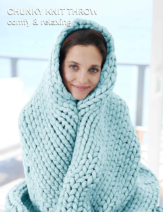 YnM Chunky Throw Blanket, Medium-Weight, Hand Knitted, Skin Friendly, Ventilated and Breathable, Machine Washable, Home Décor Piece for Couch, Sofa and Bed (Aqua Blue, 40x50 Inch)