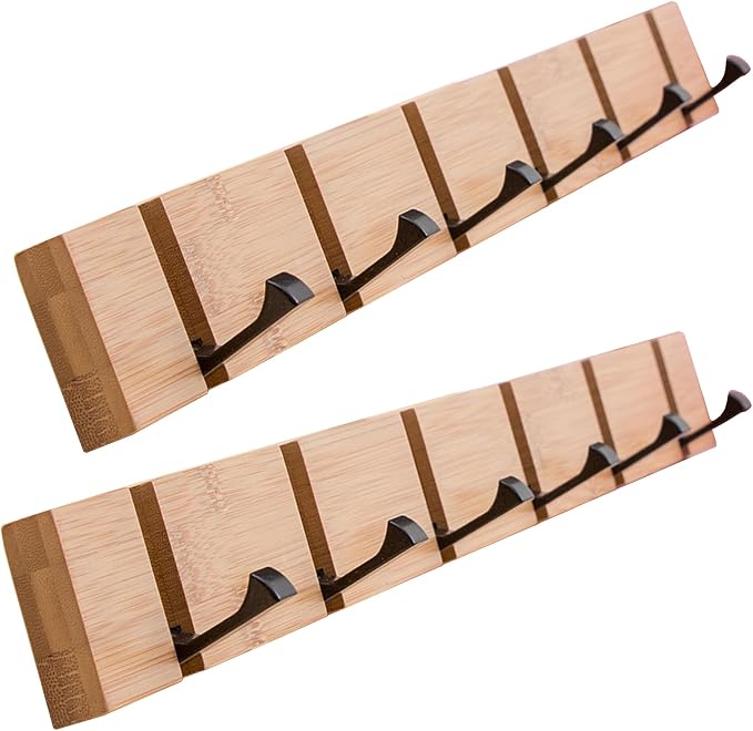 KYSMOTIC 2 Pack Wooden Wall Mounted Folding Rack, Modern Wall Floating Coat Hook Rack Space– Natural 6 Hooks