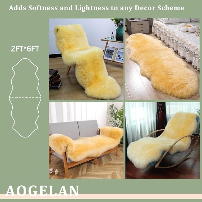 AOGELAN Premium Genuine Sheepskin Rug, Real Australia Sheepskin Natural Lambskin Fur Area Rug Seat Covers for Kids Bedroom Sofa Chair Cover Pets Dogs Mat Double Pelt/2FT*6FT Golden Yellow