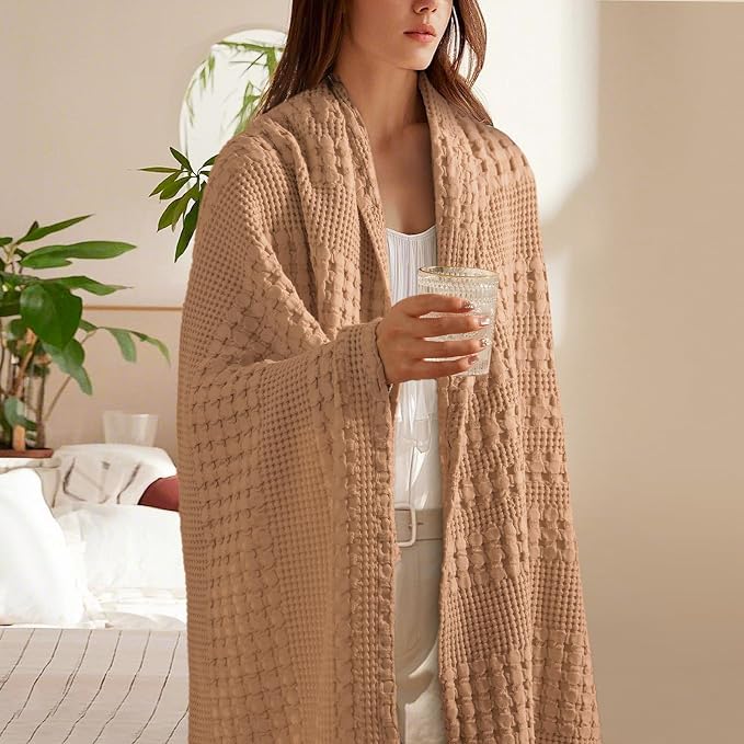 PHF 100% Cotton Waffle Throw Blanket for Couch, Lightweight Breathable and Soft for Summer, Luxury Aesthetic Waffle Weave Blanket for Home Decor & Office, Gifts for Women, 50"x60", Clay