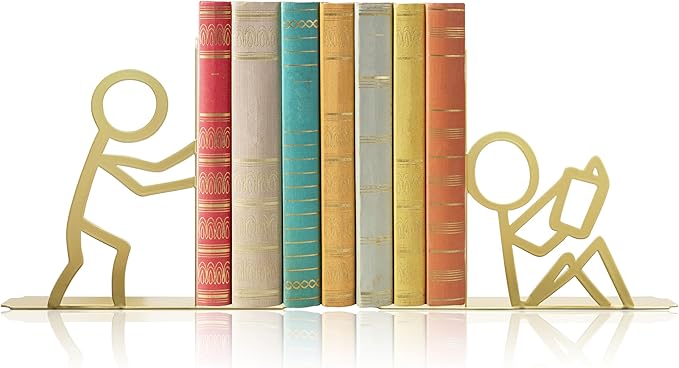Metal Unique Office Desk Bookends Decorative Cute Book Ends Reading Decor Bookshelf Decor for Office School Library Bedroom, Book Lovers Gift（Gold）