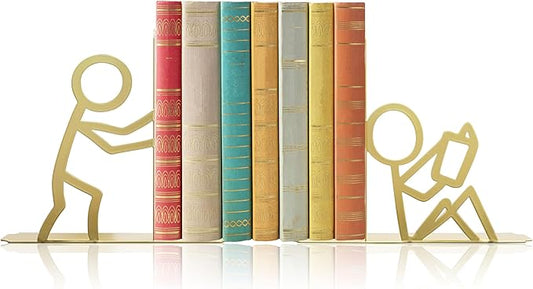 Metal Unique Office Desk Bookends Decorative Cute Book Ends Reading Decor Bookshelf Decor for Office School Library Bedroom, Book Lovers Gift（Gold）