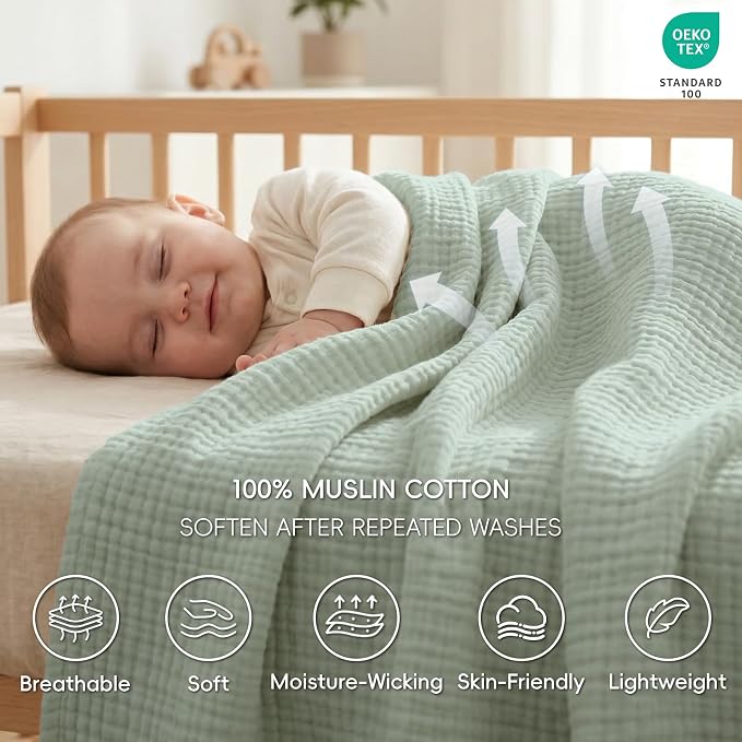 David's Home 100% Natural Cotton Muslin Blanket King Size, 4-Layer Soft Breathable Lightweight Cozy Throw Guaze for Hot Sleepers, 3D Bubble Room Decor for Bed Couch, Giftable, Sage Creen, 108"x90"