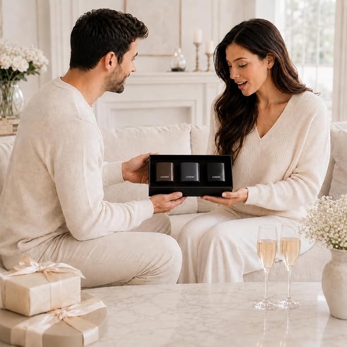 Luxury Scented Candle Set 3-Pack | Home Decor & Giftable Soy Candles | Champagne, Sandalwood & Amber | 75h Burn Time | Cotton Wick | Elegant Decorative Jars