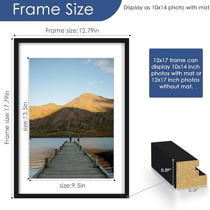 PEALSN 12x17 Picture Frame Set of 6, Display Pictures 10x14 with Mat or 12x17 without Mat for Wall Mounting or Table Top, Photo Frames Collage for Wall Decor, Black.