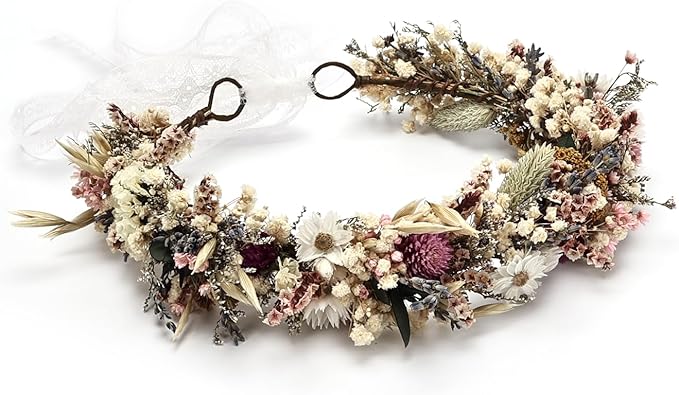Preserved Natural Dried Flower Crown,Rustic Wedding Wreath Headband,Daisy Cream Floral Hair Garland for Bridesmaids,Flower Girls,Family Photoshoots