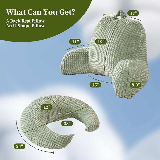 17" Reading Pillow for Bed,U Shaped Arm & Elbow Support,Green Flannel | Backrest Supports Back,U shaped Lap Pillow Cushions Arms,Elbows & Wrists,Soft Flannel for Reading,Gaming,Watching TV