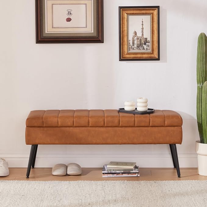 Storage Ottoman Bench, 43.5" Faux Leather Upholstered Entryway Bench, Long Ottoman with Storage for Living Room, Support 660lbs - Cognac Brown