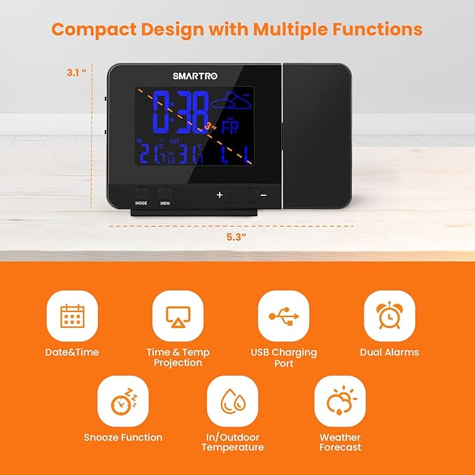 SMARTRO SC31B Digital Projection Alarm Clock with Weather Station, Indoor Outdoor Thermometer for Bedrooms, USB Charger, AC Battery Operated