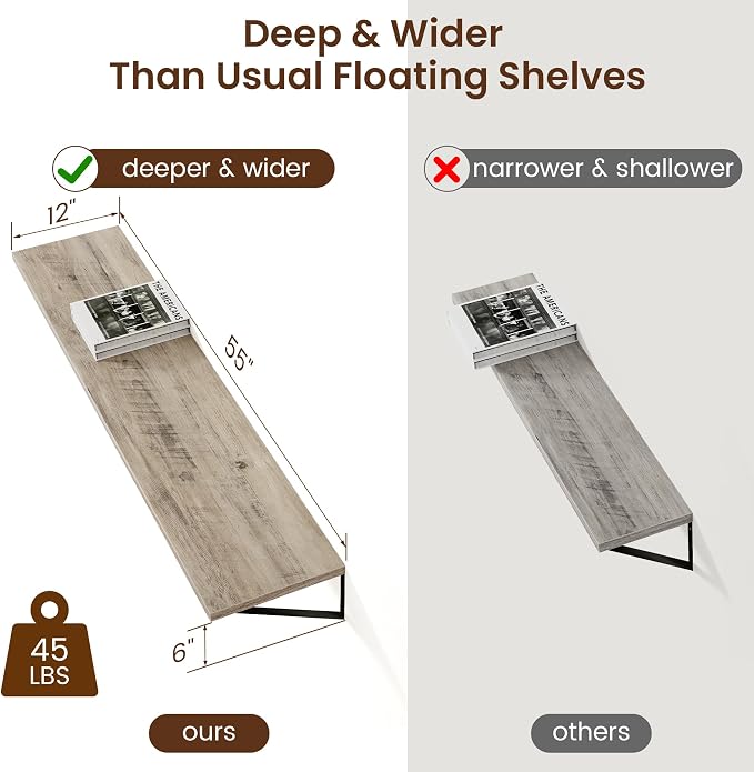 Axeman 12 Inch Deep Floating Shelves for Wall - 55 Inch Wide x 12 Inch Deep Wall Shelves Set of 2 - Rustic Grey Wood Floating Shelves for Living Room