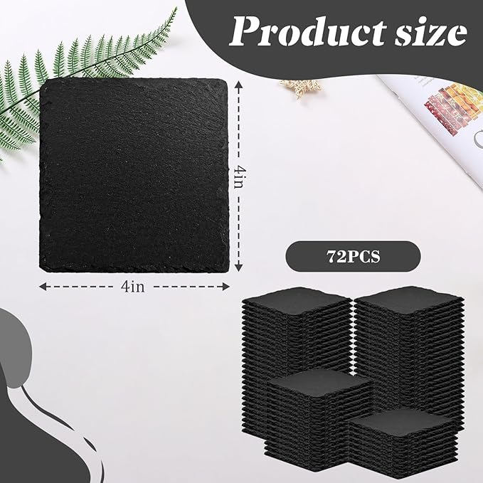 72 Pieces Slate Coasters, ZLOMD 4 Inch Black Coasters Stone Coaster Bulk Set, Square，Laser Engraving Blanks with Anti-Scratch Bottom for Home,Office,Bar,Wedding & Party or Anywhere.