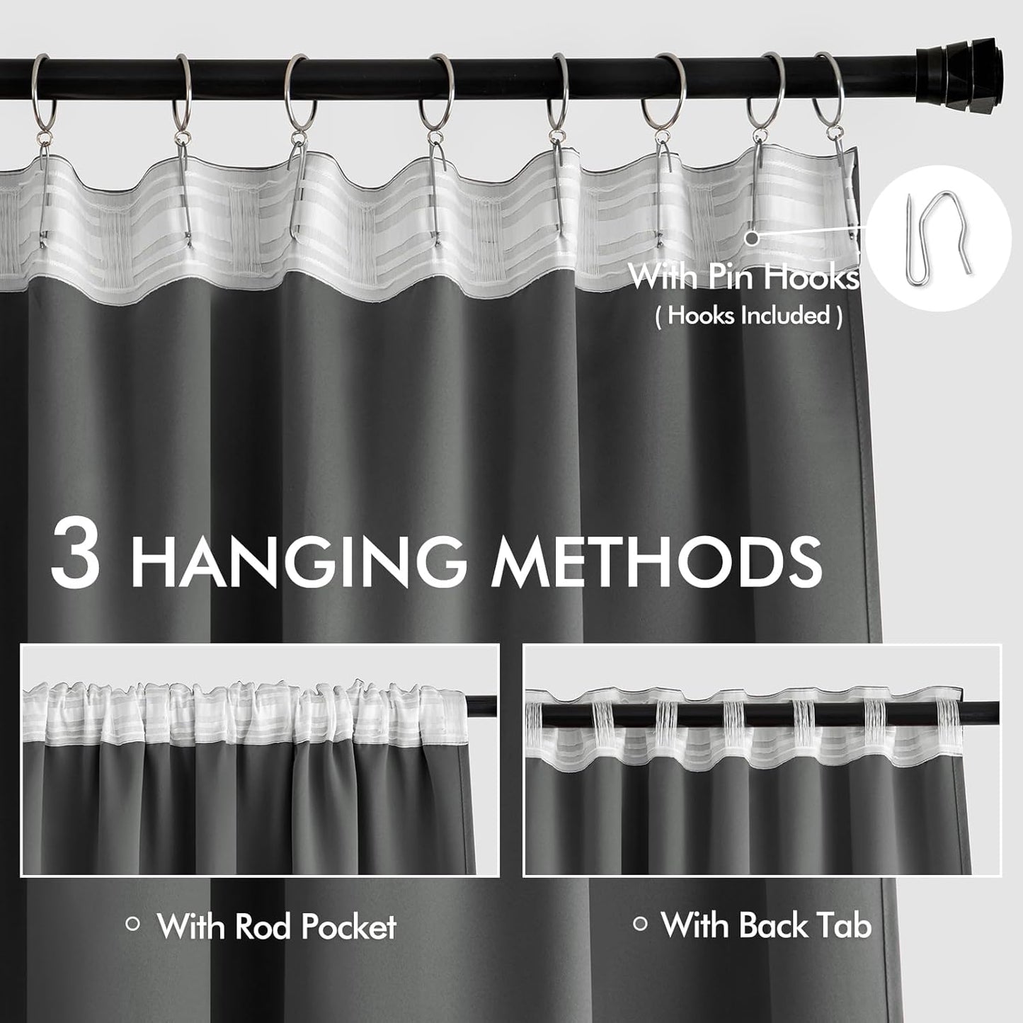 MIULEE Back Tab Grey Blackout Curtains 102 Inch Long 2 Panels Set for Living Room Bedroom, Rod Pocket/Pinch Pleated Thermal Insulated Room Darkening Light Blocking Floor to Ceiling Curtains/Drapes