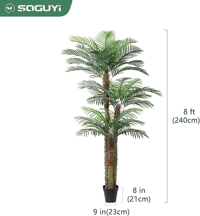 SOGUYI Artificial Palm Tree for Outdoor 8ft Tall UV Resistant Fake Tropical Golden Cane Palm Tree Large Faux Palm Plants for Outside Patio, Poolside, Lawn, Porch and Home Office Indoor Decor, Set of 1