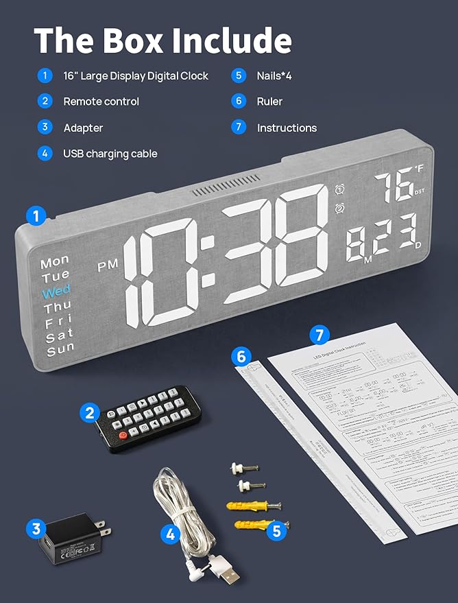 MASHI 2026 Upgrade Digital Wall Clock, 16" Large Display Digital Clock with Remote Control, Auto-Dimming Wall Clock with Night Light, DST, Date Week,Temp for Living Room, Gift for Elderly (Grey)