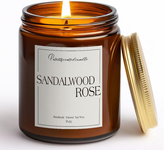 Sandalwood & Rose Scented Candles for Home, Natural Soy Wax Aromatherapy Santal Rose Candle Gifts for Men & Women, Highly Scented & Long Lasting Non Toxic Jar Candle for Stress Relief (9oz)